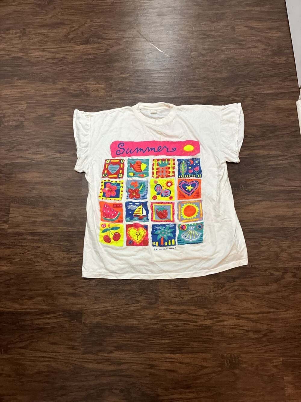 Turtle Bay Vintage 1980s 1990s Summer Neon Grid Graphic Tee T-Shirt White 2XL
